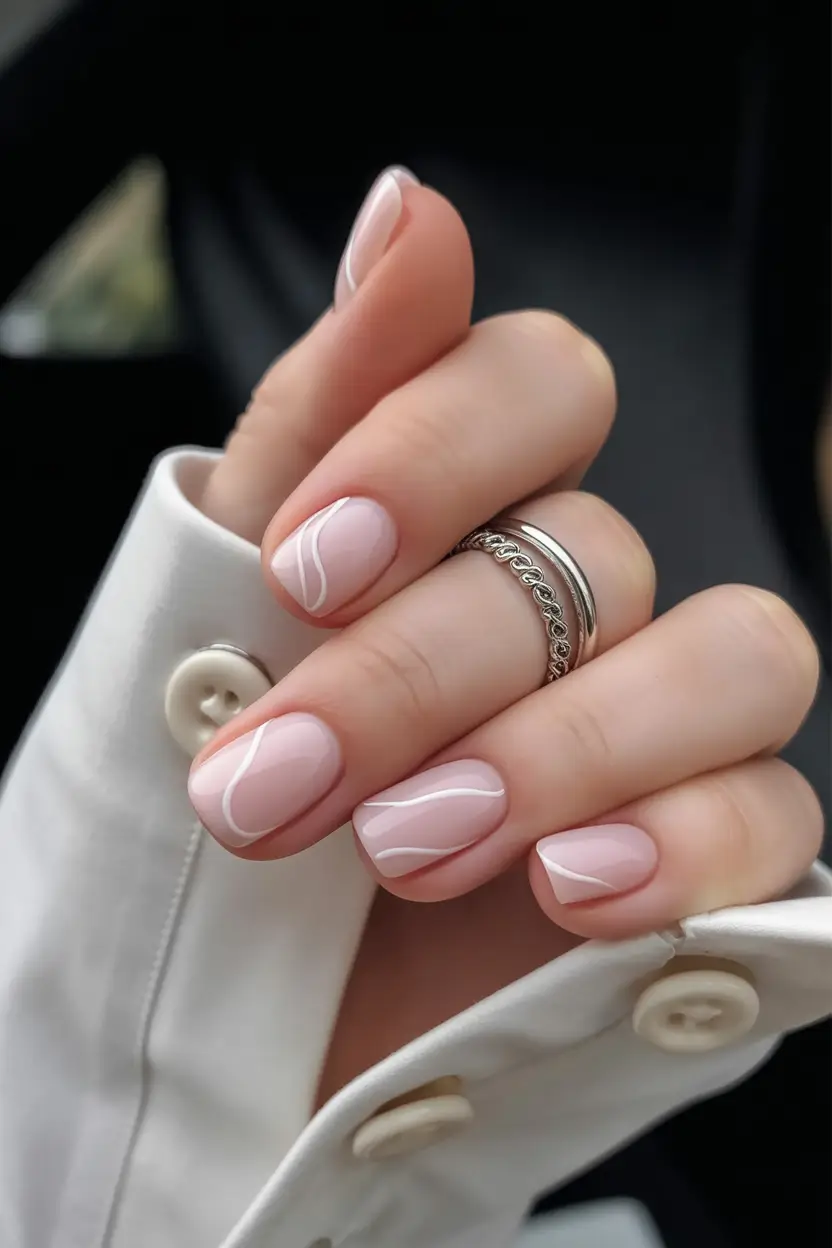 graduation nail color ideas 2026 Minimal blush pink manicure with soft white lines