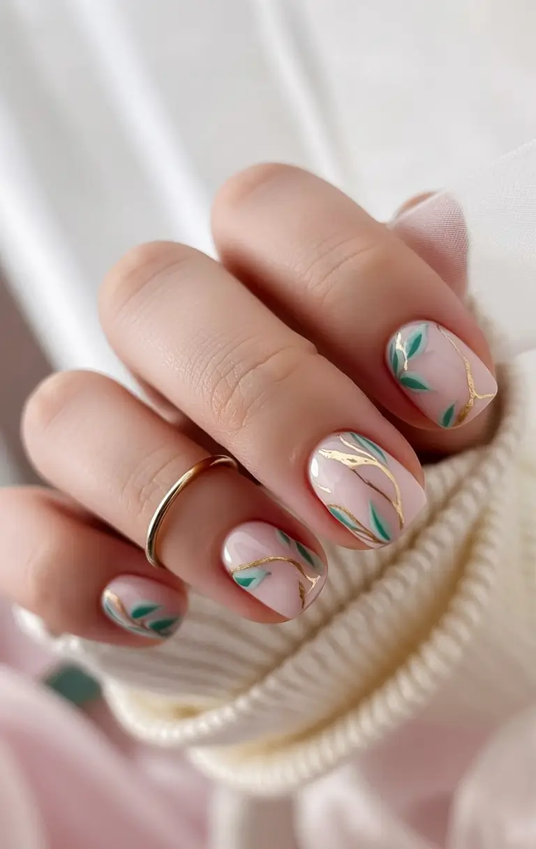 graduation nail color ideas 2026 Soft pink manicure with botanical green leaf accents