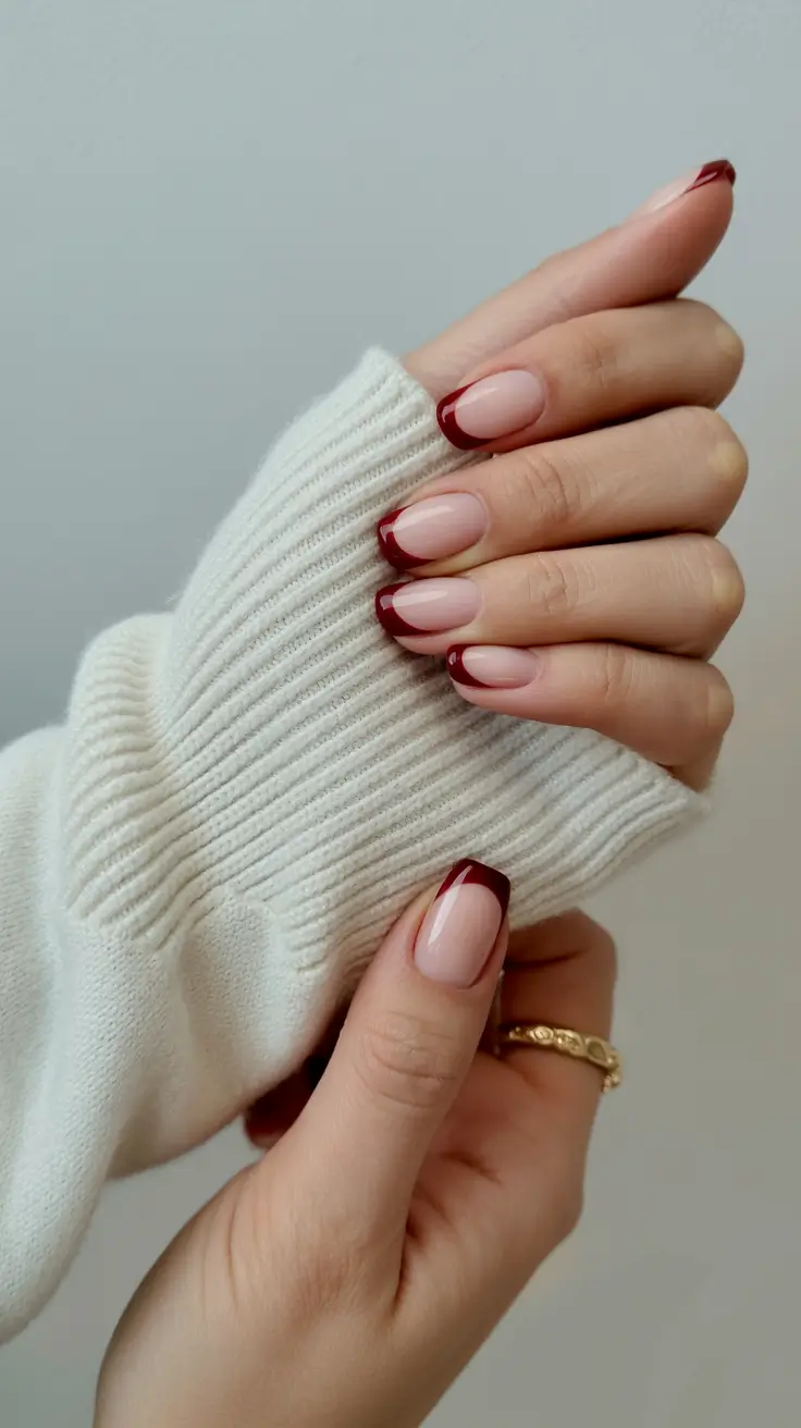 graduation nail color ideas 2026 Elegant nude manicure with deep red French tips