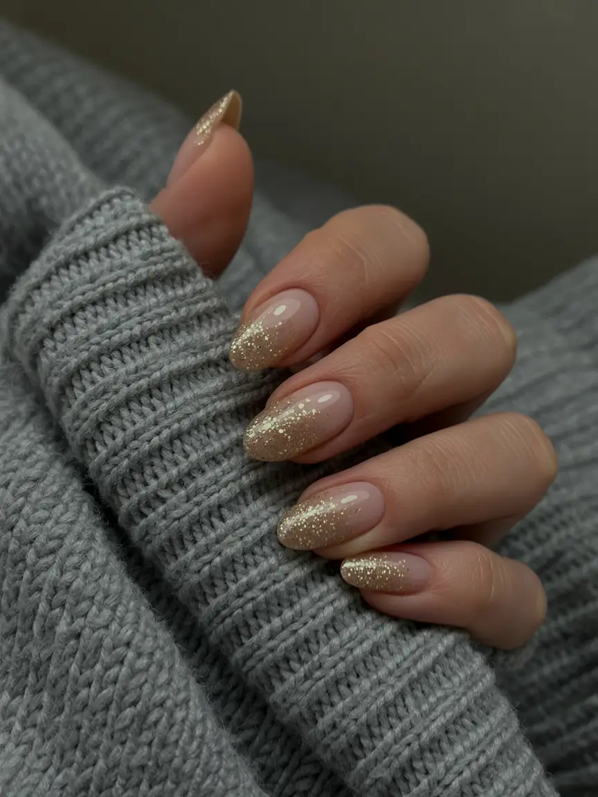 graduation nail color ideas 2026 Soft nude manicure with golden glitter fade