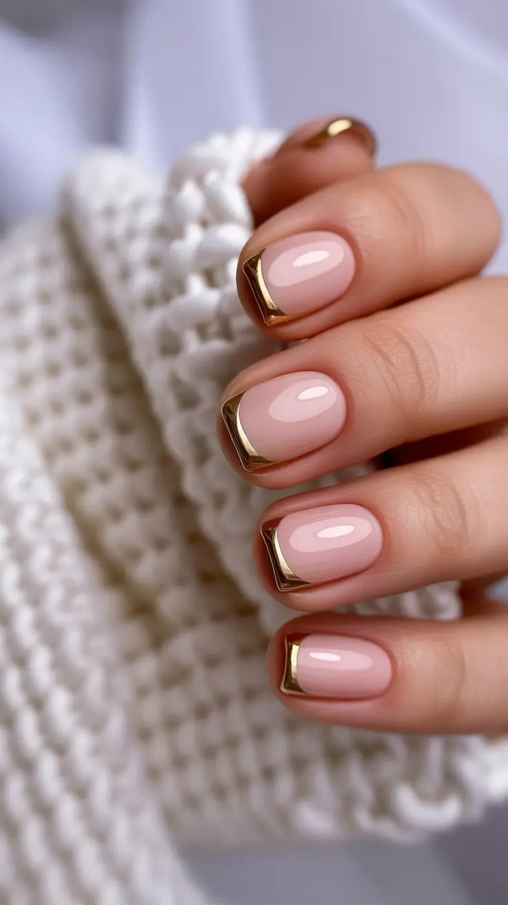 graduation nail color ideas 2026 Minimal nude manicure with gold French detail