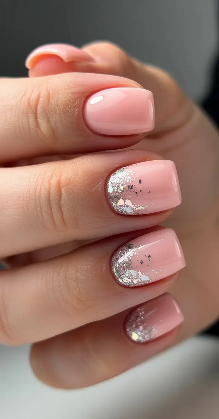 graduation nail color ideas 2026 Soft pink nails with silver sparkle accents