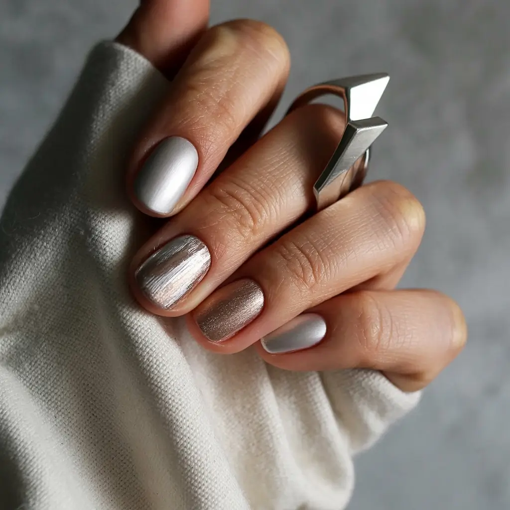 graduation nail color ideas 2026 Modern metallic silver mixed texture manicure