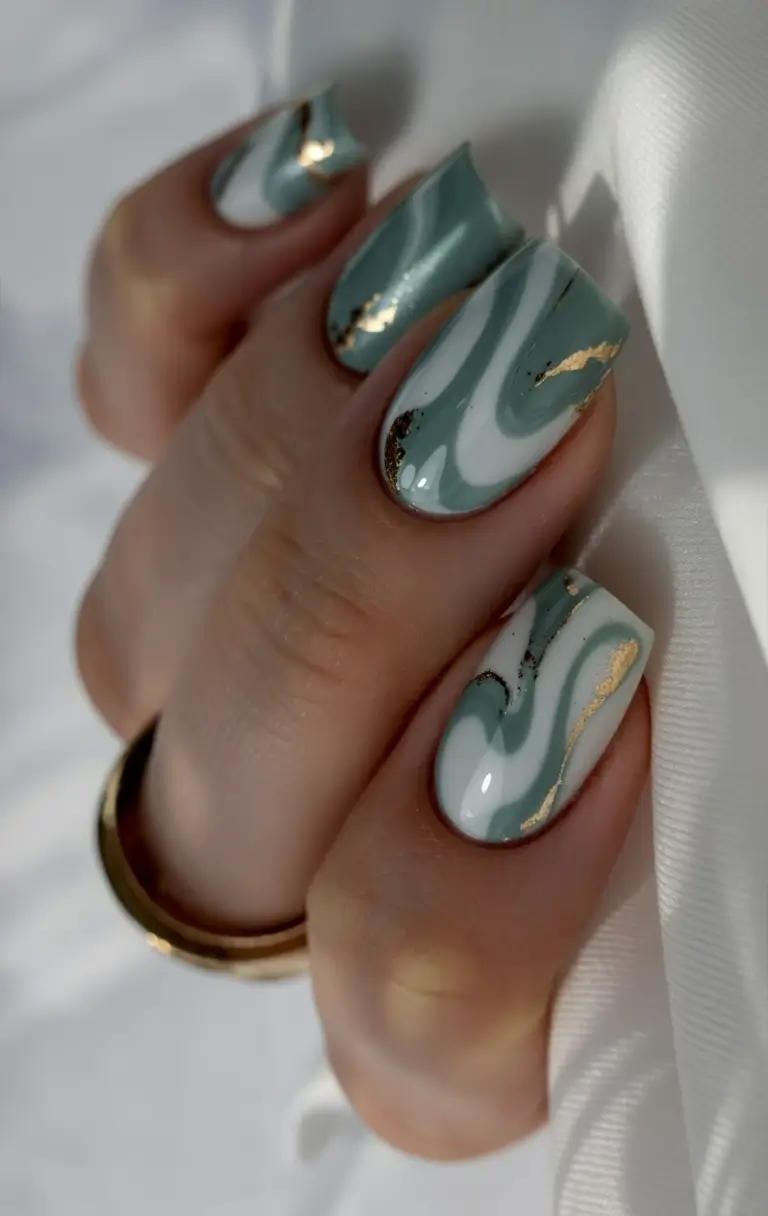 graduation nails ideas 2026 Elegant Green Marble Nails with Gold Detail