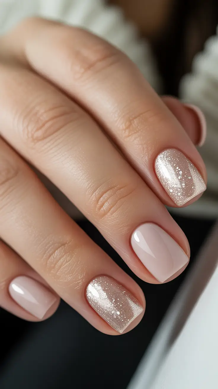 graduation nails ideas 2026 Champagne Glitter Accent Nails for Classy Short Graduation Style