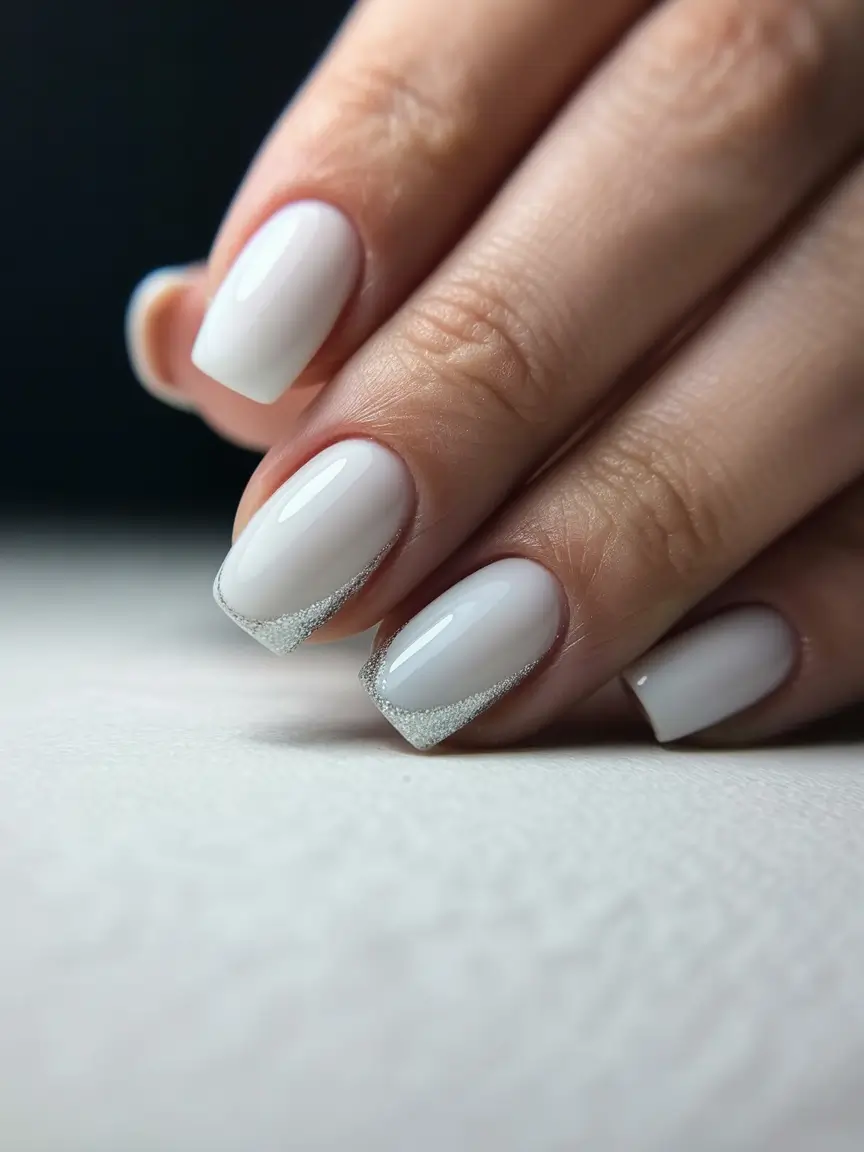 graduation nails ideas 2026 Milky White French Tips with Silver Sparkle