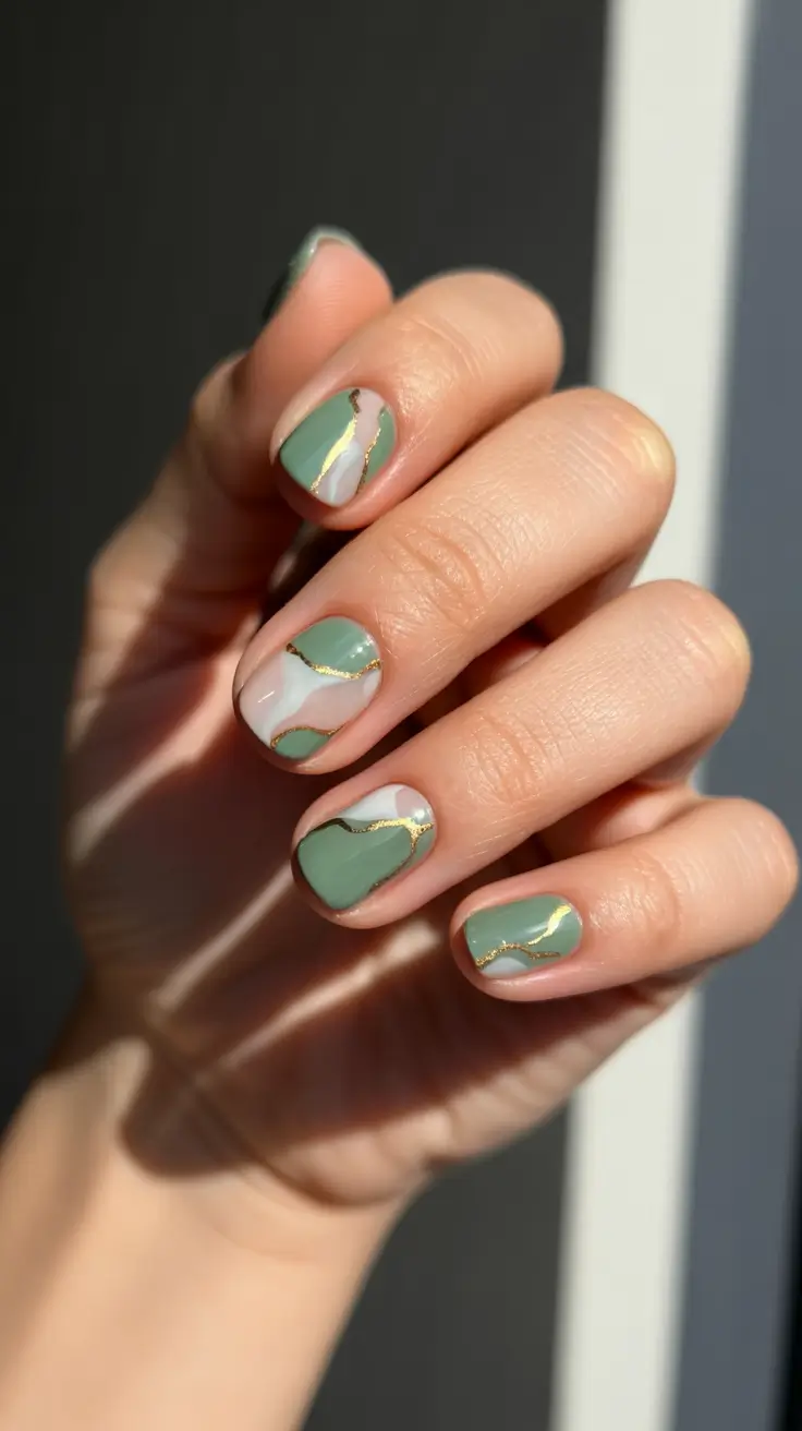 graduation nails ideas 2026 Modern Green Marble Nails with Gold Accents