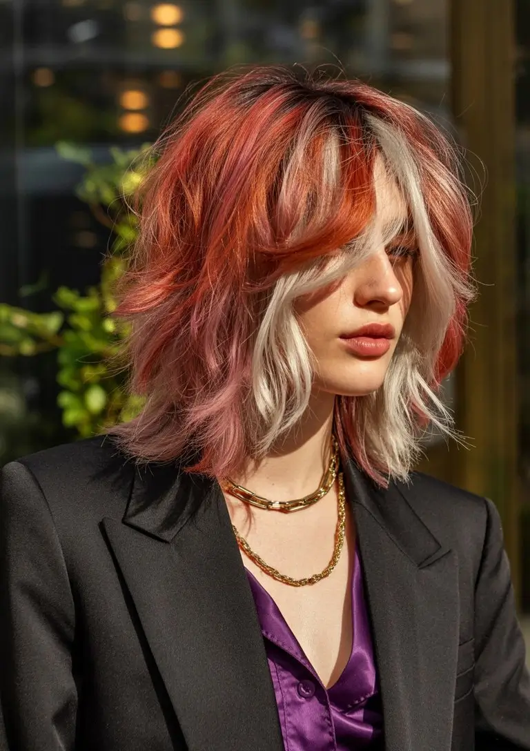 May Hair Color Ideas 2026 Choppy Color Blocking With Red and Platinum Layers