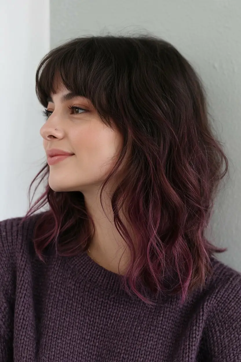 May Hair Color Ideas 2026 Muted Burgundy Waves With Soft Fringe Energy