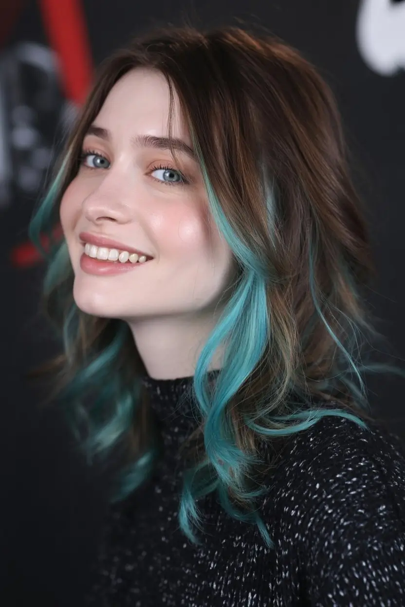 May Hair Color Ideas 2026 Teal Accent Highlights on Soft Brunette Waves
