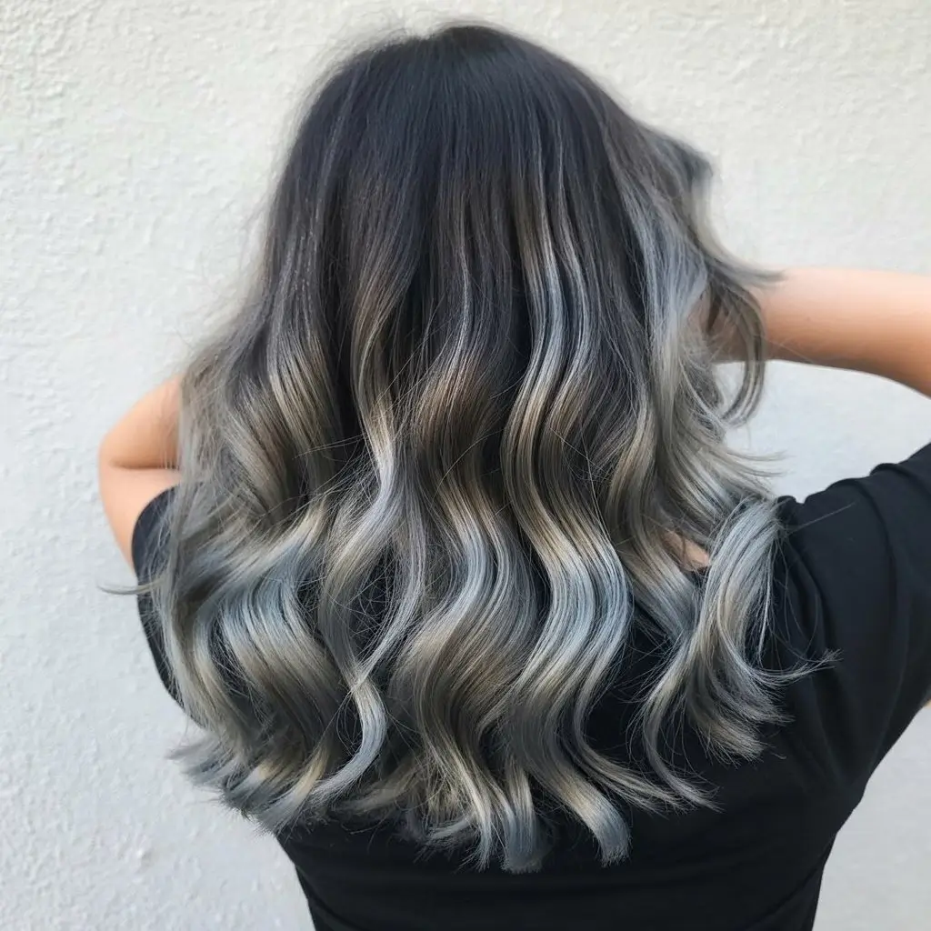 May Hair Color Ideas 2026 Smoky Black and Silver Melt With Cool Contrast