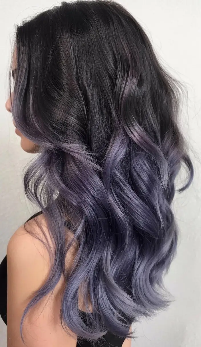 May Hair Color Ideas 2026 Smoky Violet Melt for Dark Hair With a Soft Edge