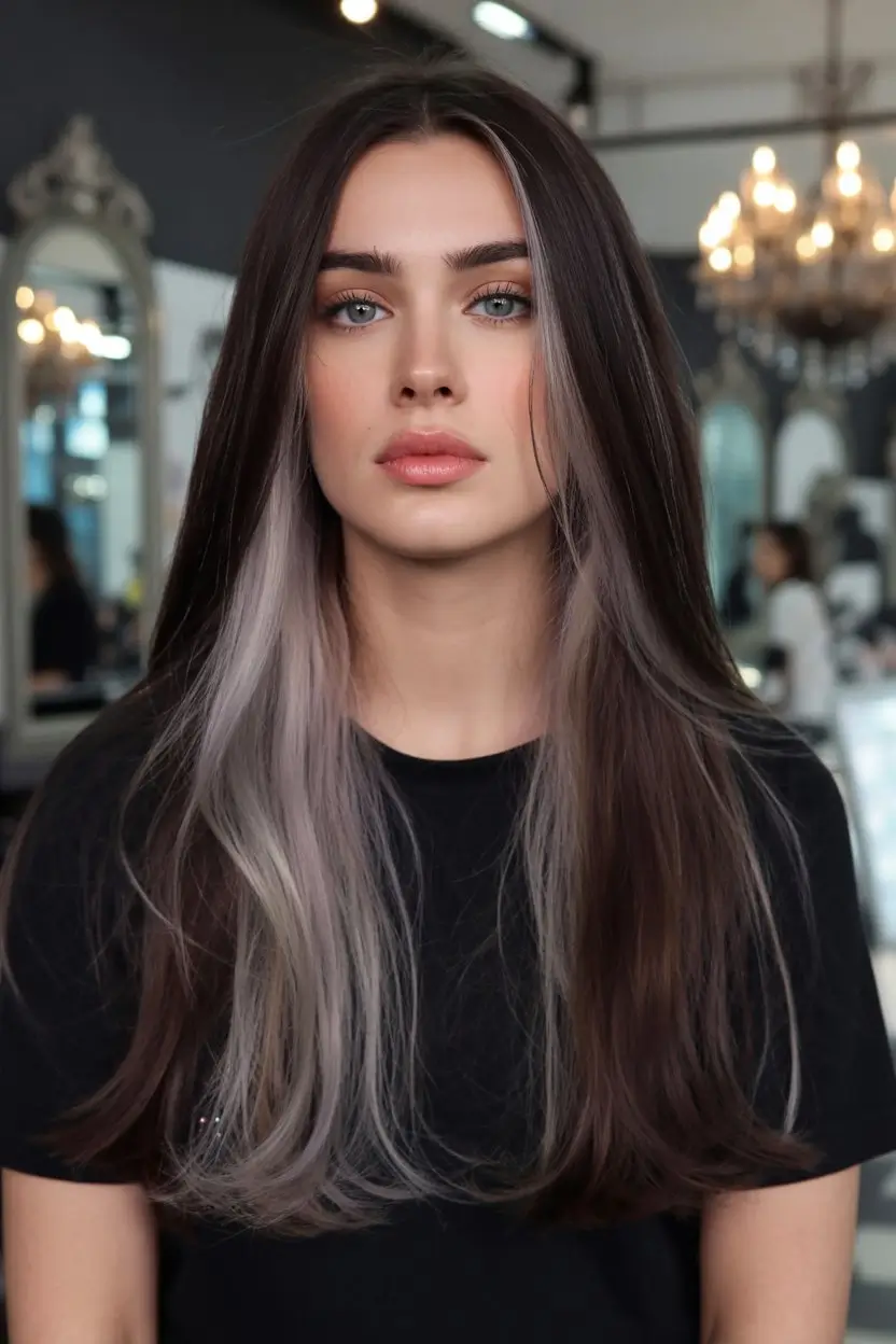 May Hair Color Ideas 2026 Soft Ash Face Framing on Deep Brunette Lengths