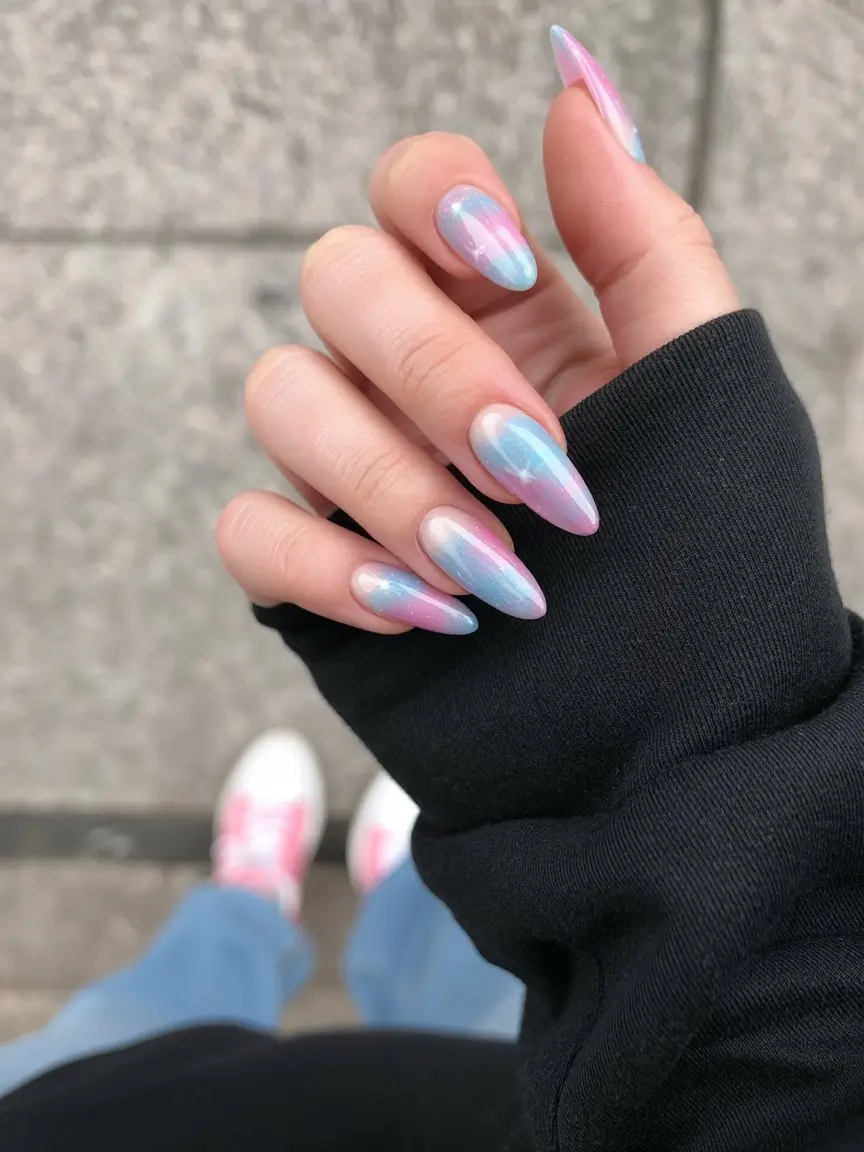 May Nails Ideas 2026 Iridescent Pastel Blend on Long Almond Nails