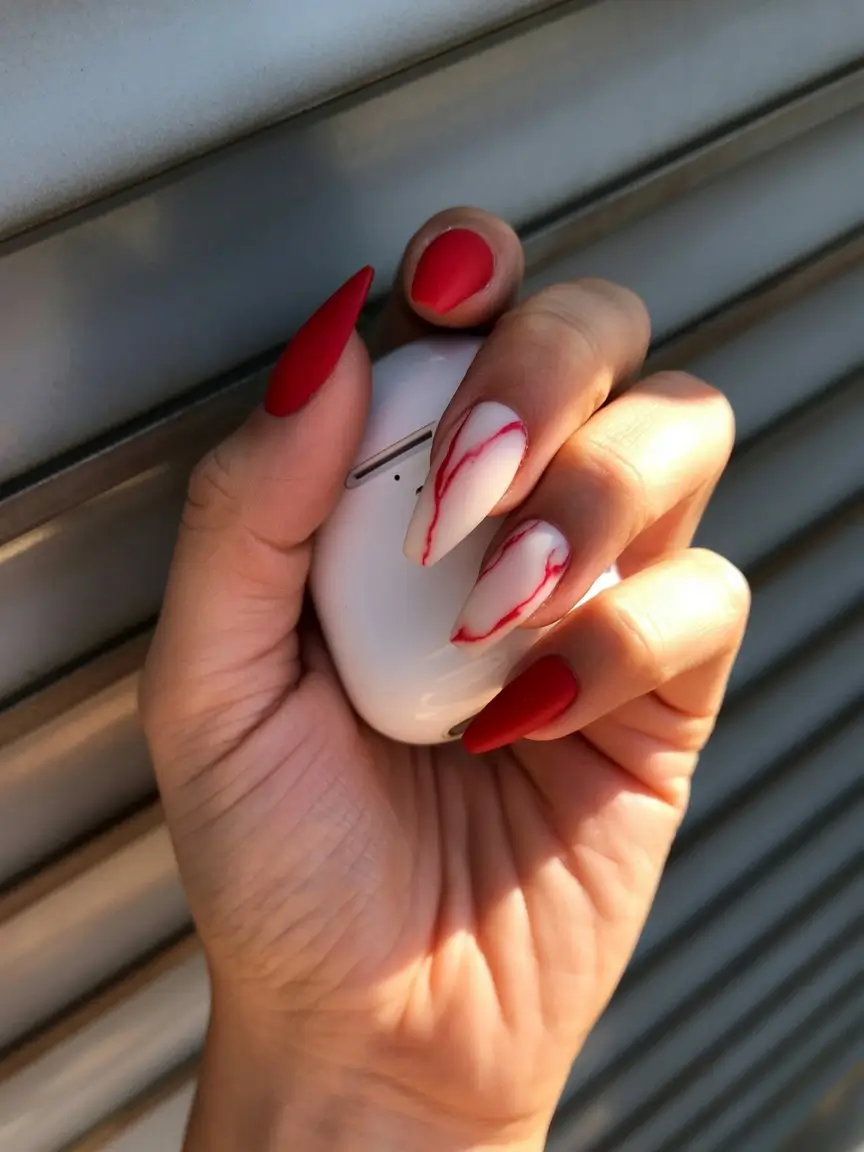 May Nails Ideas 2026 Bold Red and Marble Almond Nails for Contrast