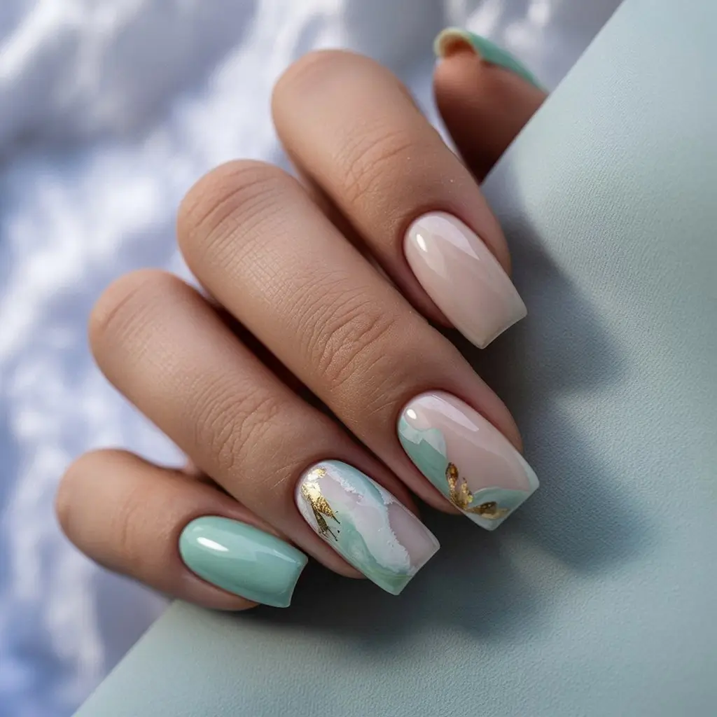 May Nails Ideas 2026 Mint Green Marble Square Nails with Gold Accents