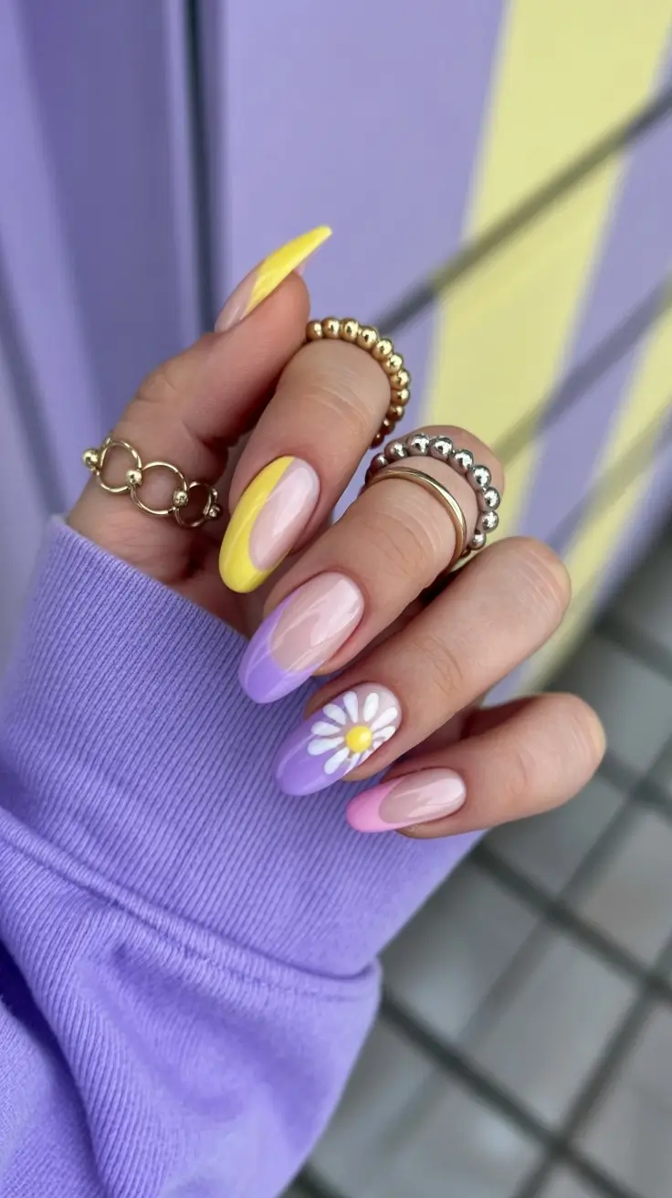 May Nails Ideas 2026 Playful Pastel Mix with Daisy Accent
