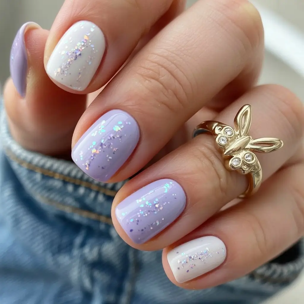 May Nails Ideas 2026 Lavender and White Short Nails with Subtle Glitter