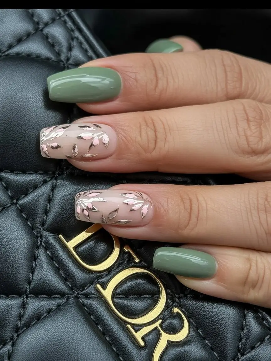 May Nails Ideas 2026 Olive Green and Floral Square Nails with Metallic Details