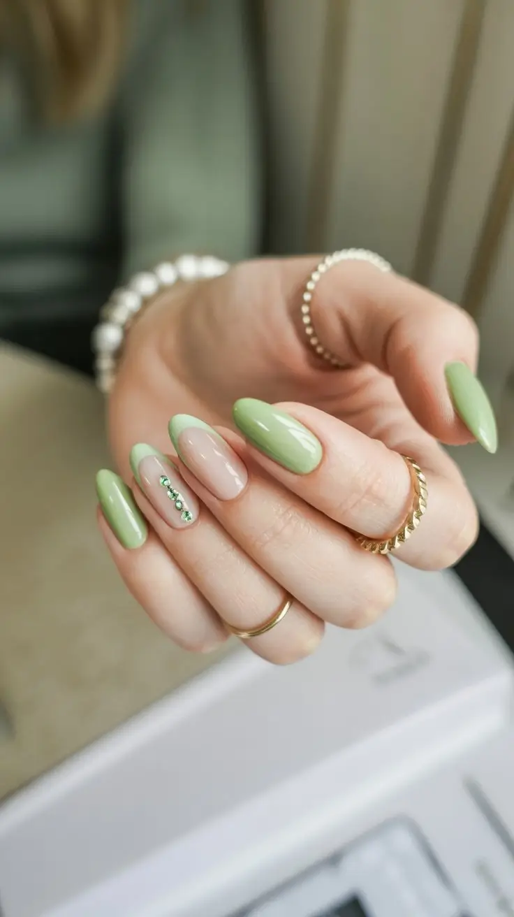 May Nails Ideas 2026 Fresh Green Almond Nails with Minimal Crystal Accent