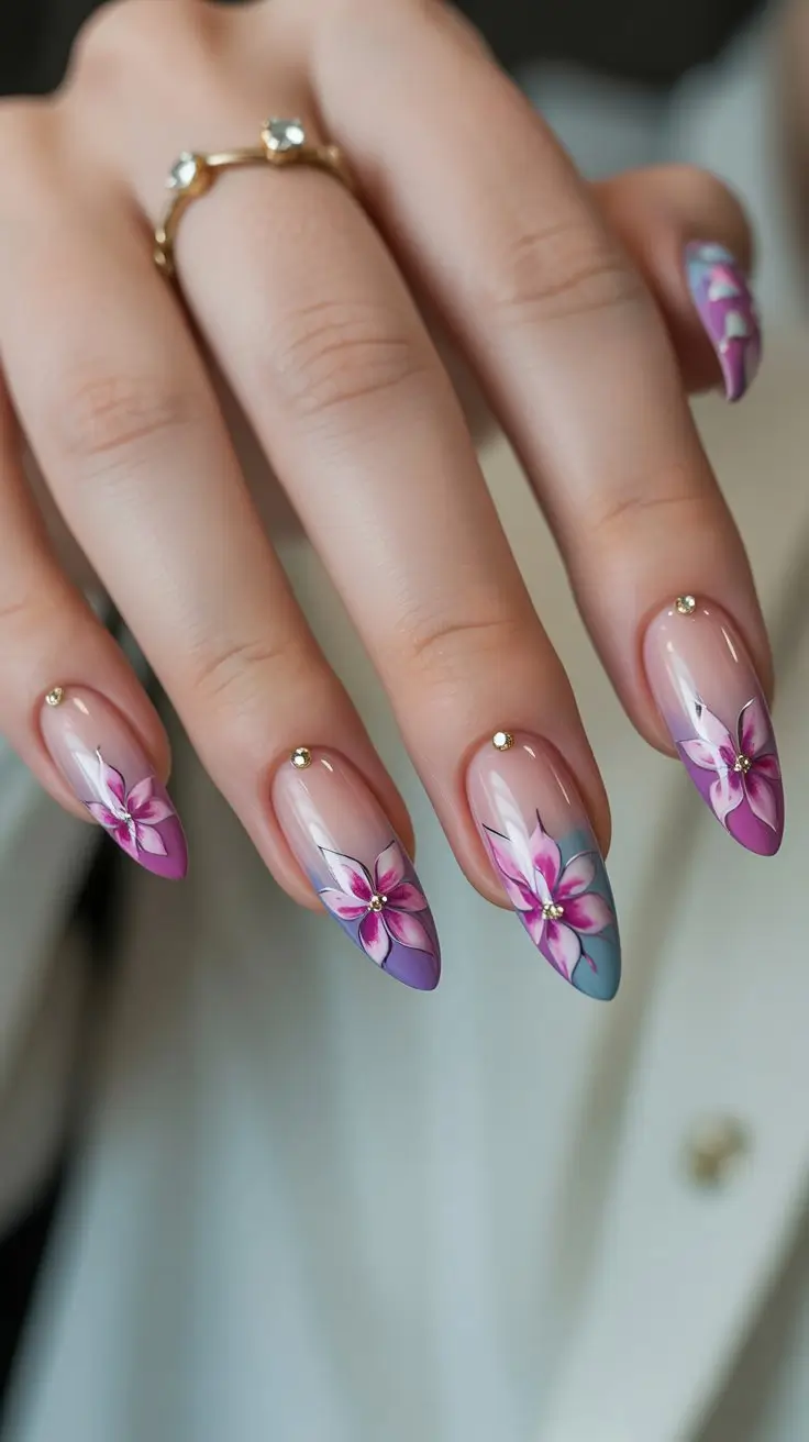 May Nails Ideas 2026 Delicate Floral Almond Nails with Soft Gradient Tips