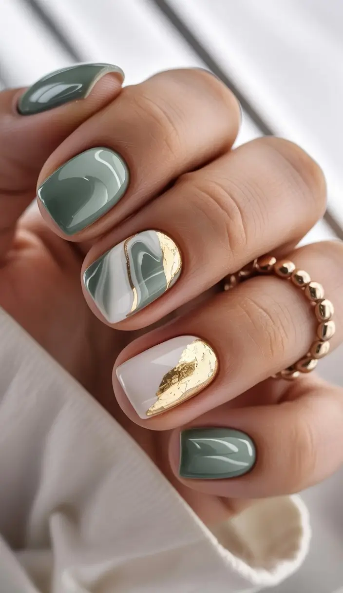 May Nails Ideas 2026 Muted Green Marble with Gold Foil Accents