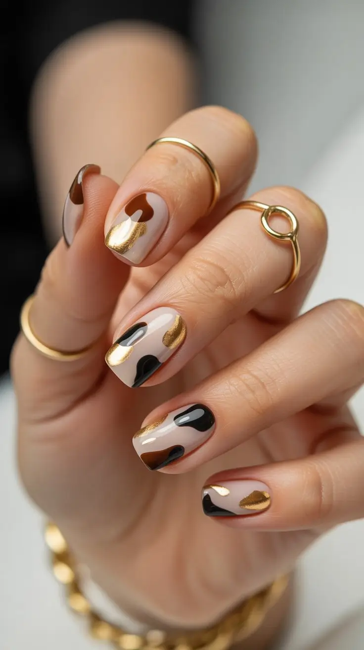 May Nails Ideas 2026 Abstract Nude and Gold Waves for a Modern Neutral Look