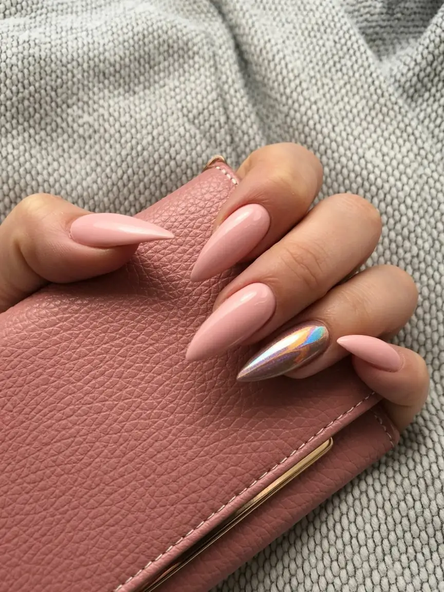 May Nails Ideas 2026 Glossy Pink Almond Nails with a Chrome Accent
