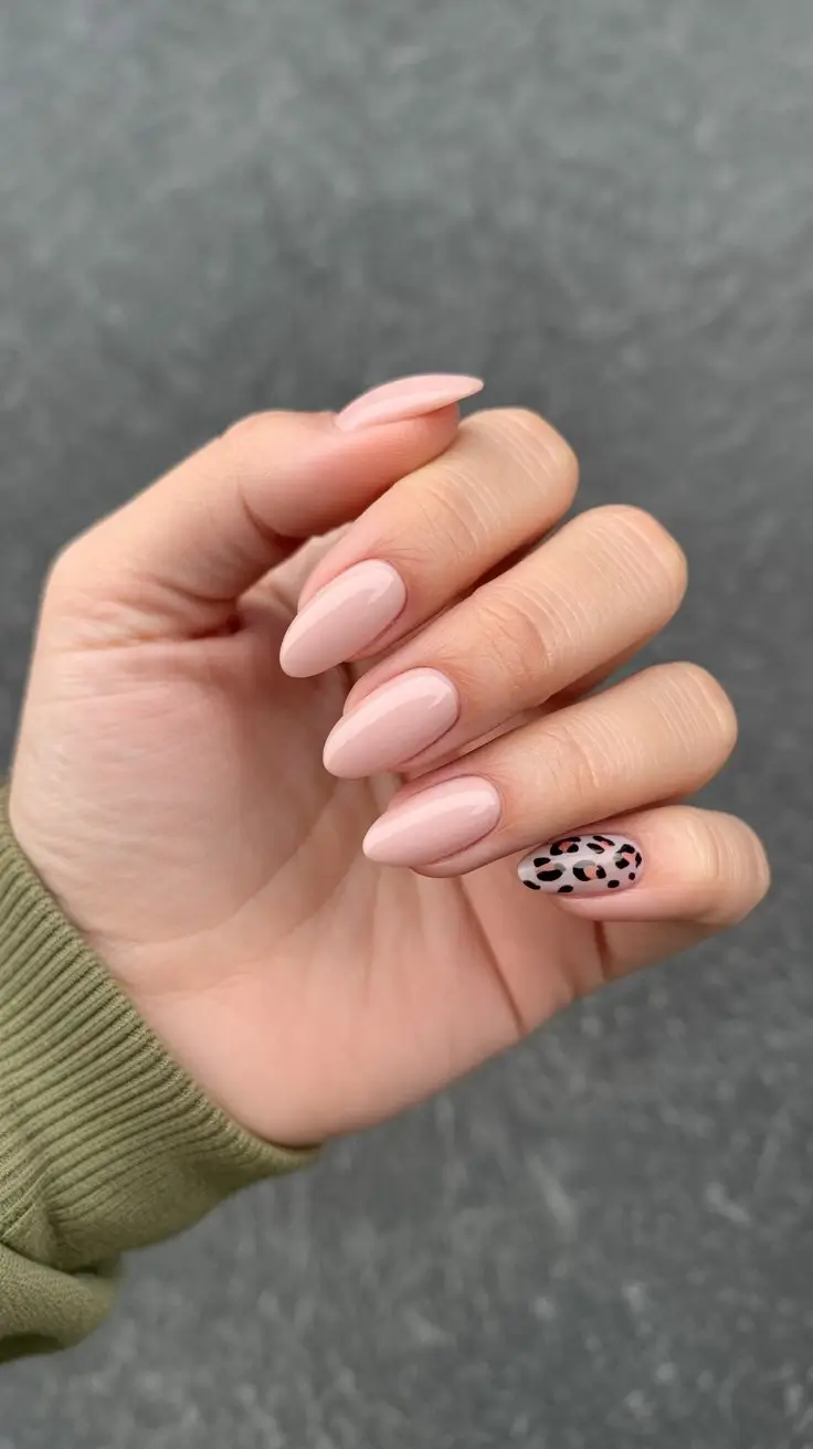 May Nails Ideas 2026 Minimal Nude Almond Nails with a Playful Accent