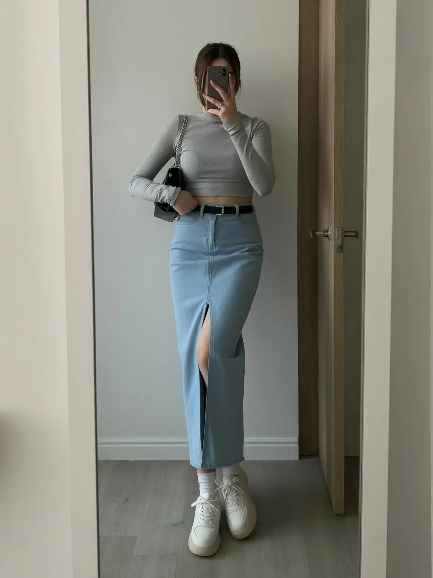 May outfits ideas 2026 Soft minimalism with a denim slit skirt