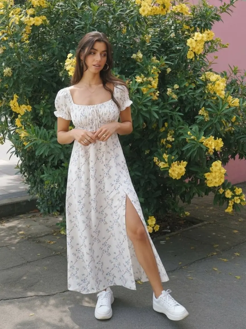 May outfits ideas 2026 Soft romantic dress with sneakers for daytime ease