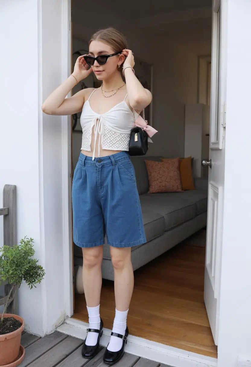 May outfits ideas 2026 Playful mix with tailored shorts and a feminine top