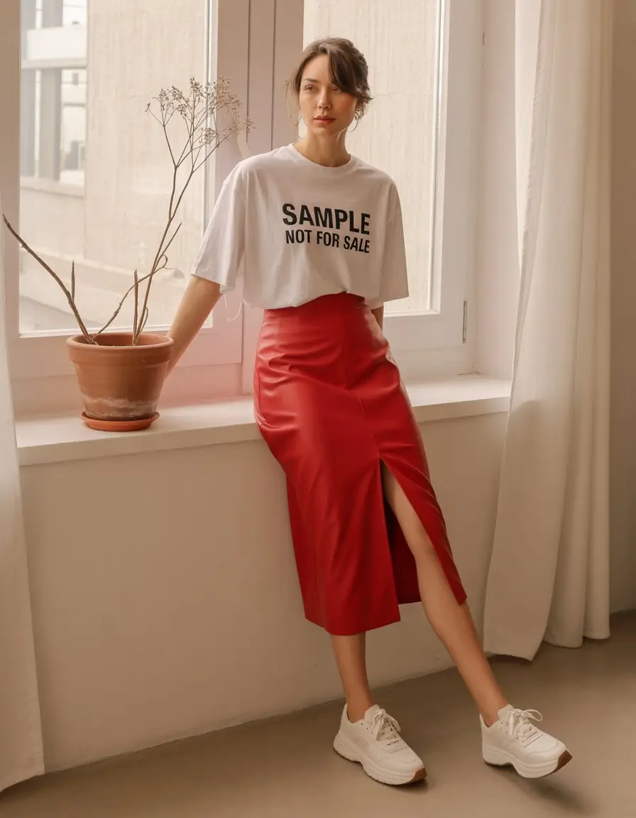 May outfits ideas 2026 Bold contrast with a red skirt and oversized tee