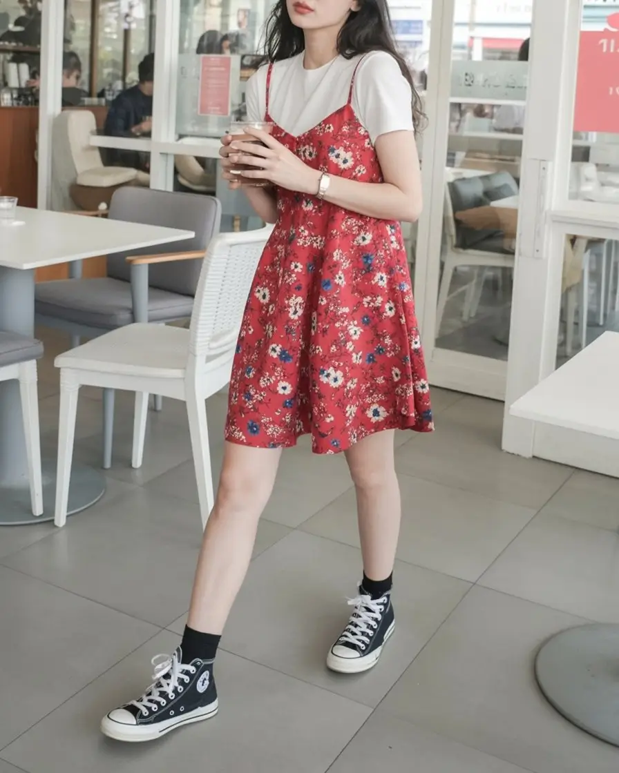 May outfits ideas 2026 Playful floral mini dress with casual sneakers