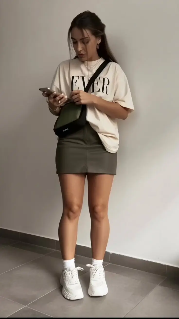 May outfits ideas 2026 Minimal street look with a mini skirt and graphic tee