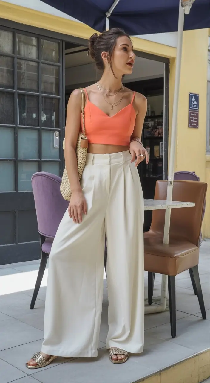 May outfits ideas 2026 Soft summer tones with wide trousers and a cropped top