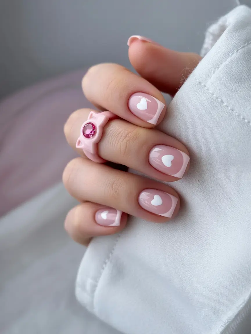 minimalist spring nails 2026 Soft Pink Hearts on Short Square Nails