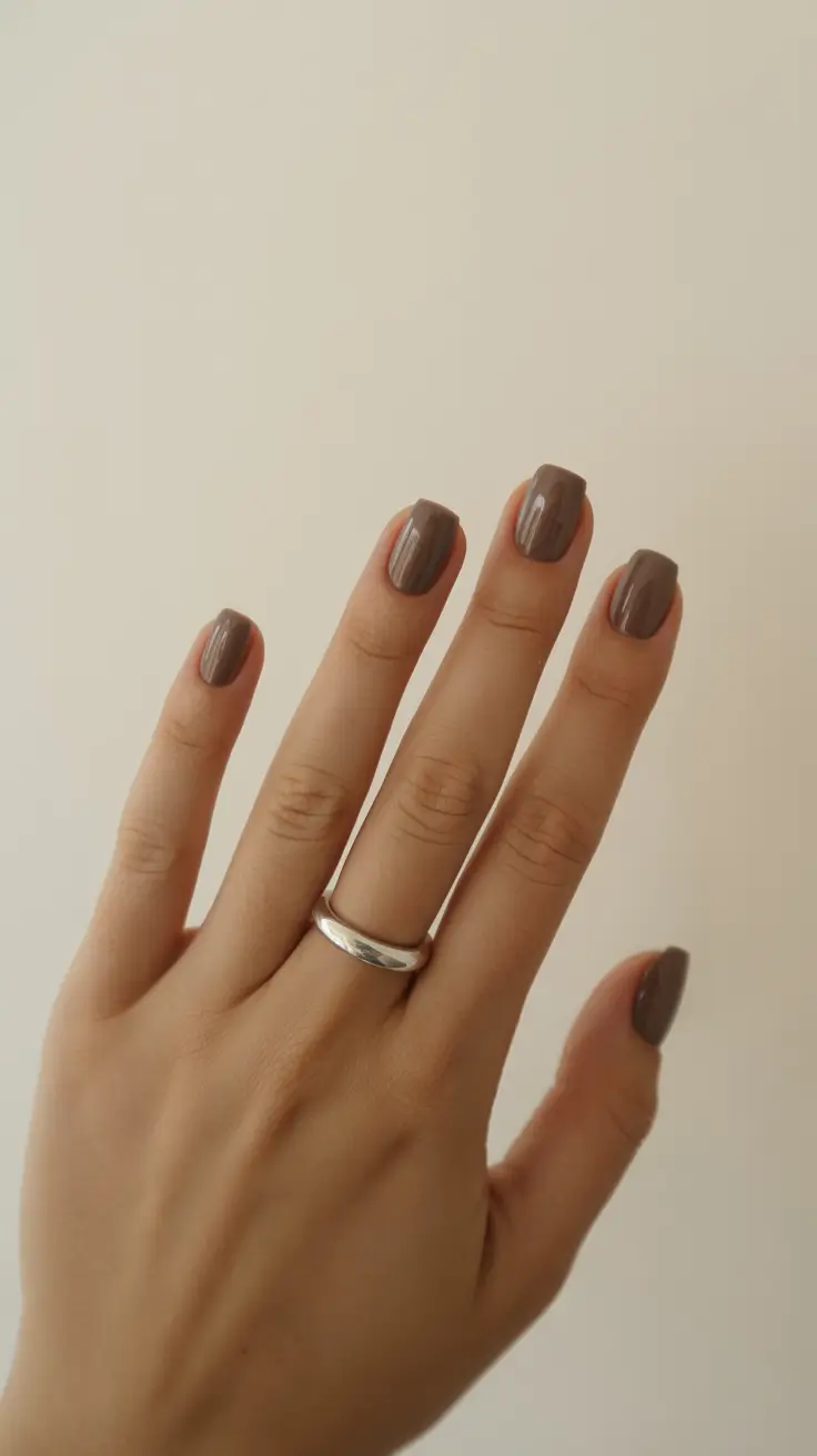 minimalist spring nails 2026 Glossy Taupe Short Nails