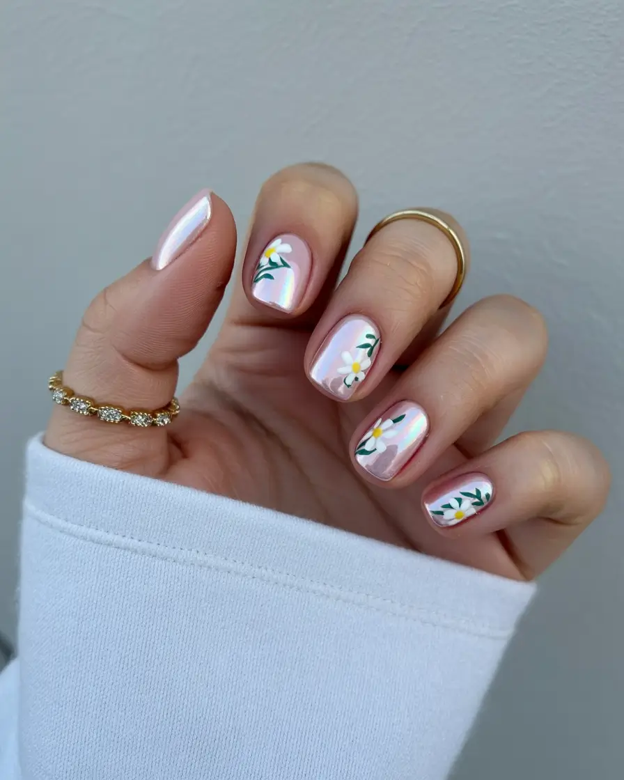 minimalist spring nails 2026 Sheer Pink Chrome with Tiny White Daisies