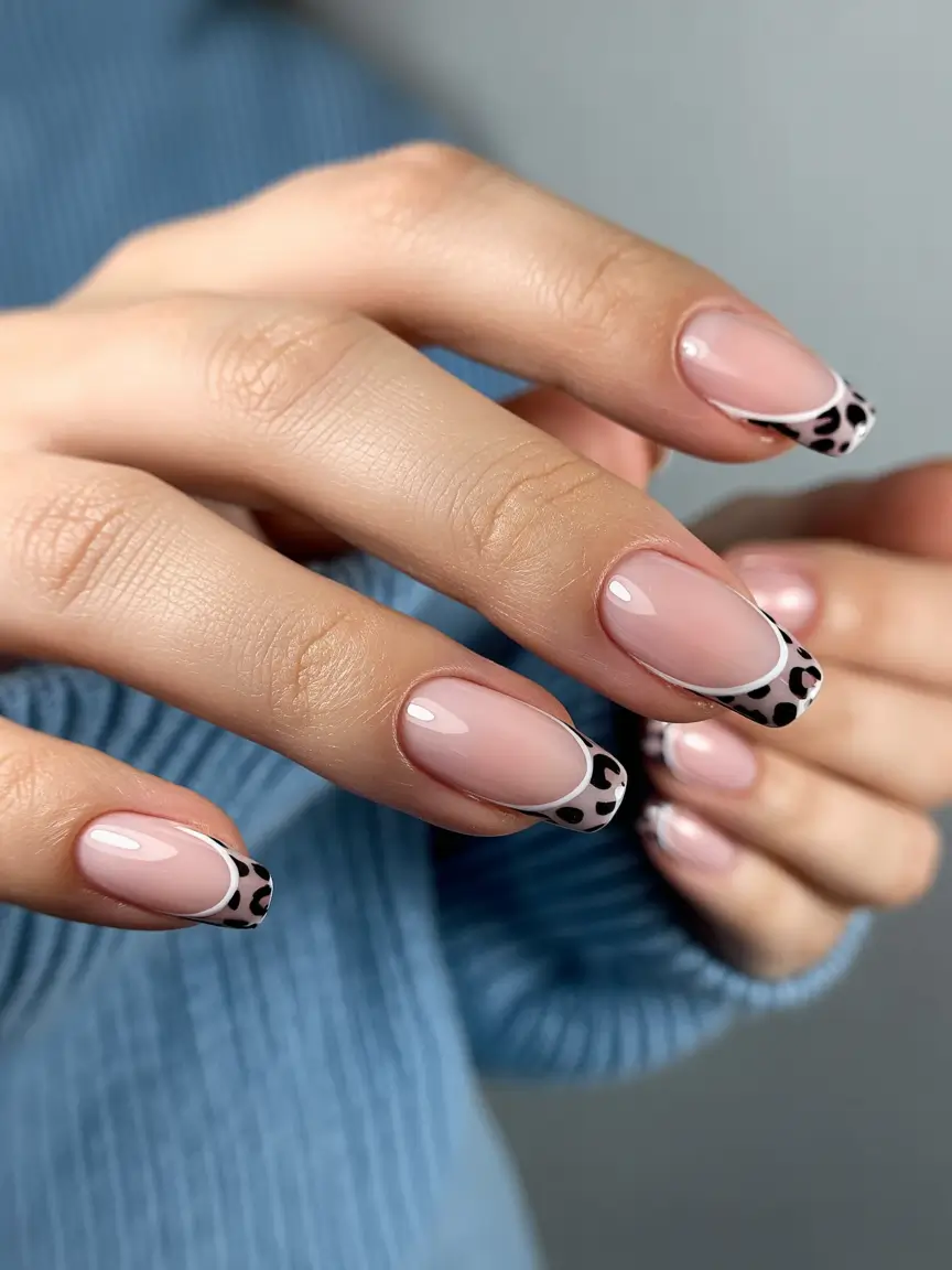 minimalist spring nails 2026 Nude French with Black Micro Leopard Tips