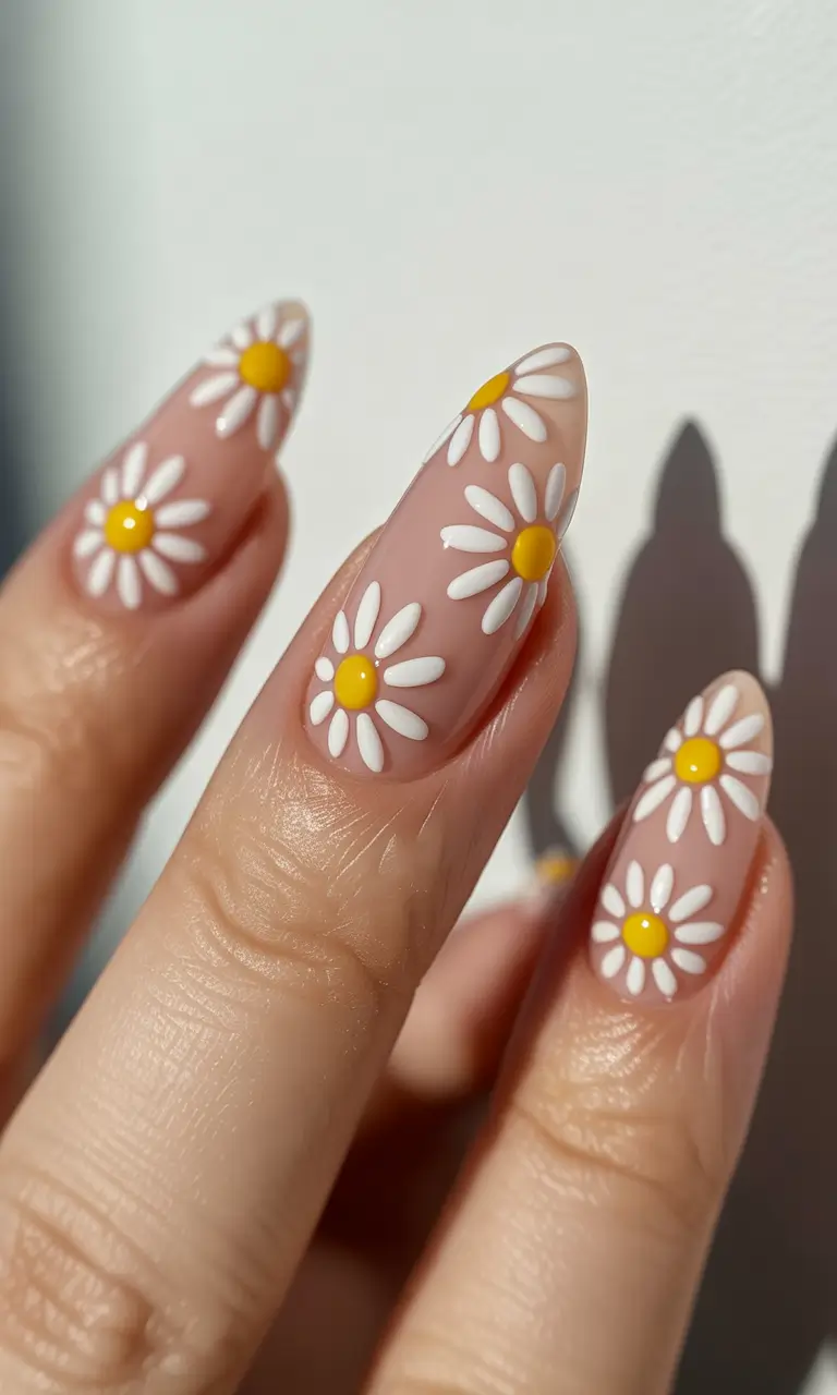 minimalist spring nails 2026 Matte Nude Almond with Raised White Daisies