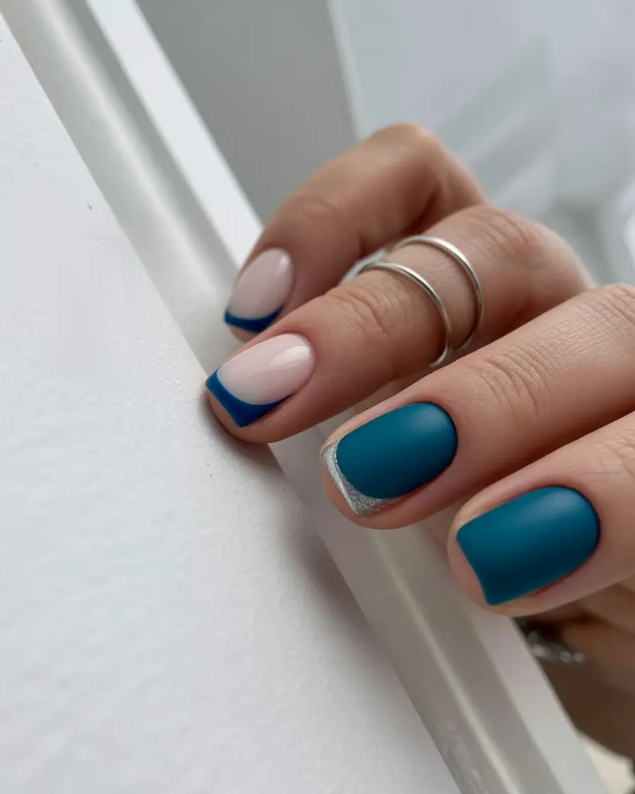 minimalist spring nails 2026 Teal Matte Square with Blue French Detail