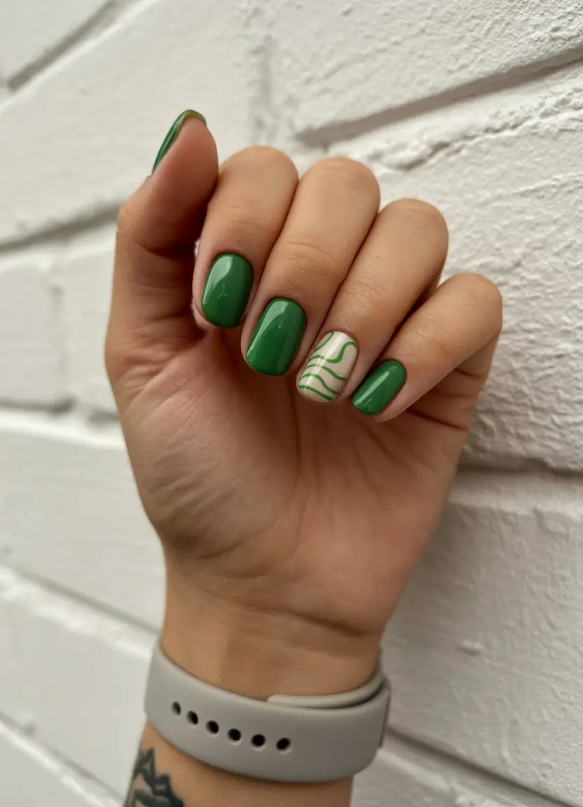 minimalist spring nails 2026 Deep Green Glossy Short Nails with Abstract Accent