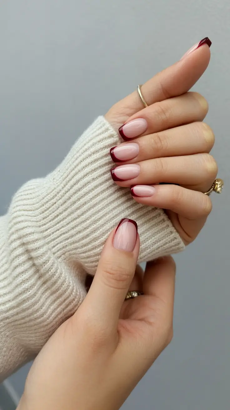 minimalist spring nails 2026 Nude Almond with Burgundy French Tips