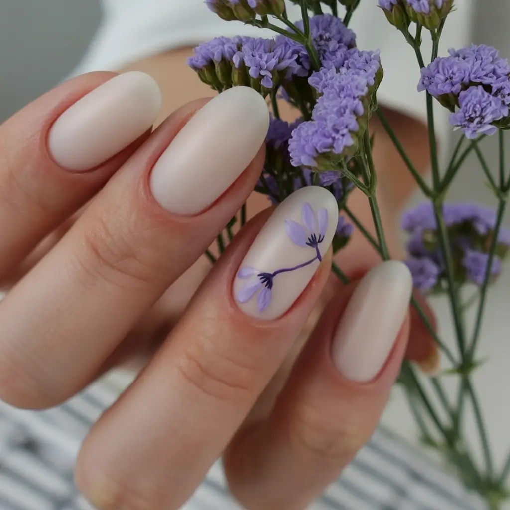 minimalist spring nails 2026 Matte Almond with Delicate Purple Floral Accent