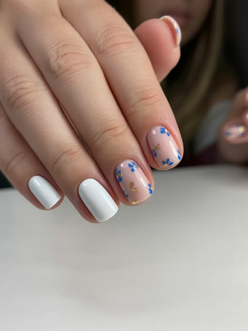 minimalist spring nails 2026 Short White and Nude Nails with Blue Floral Detail