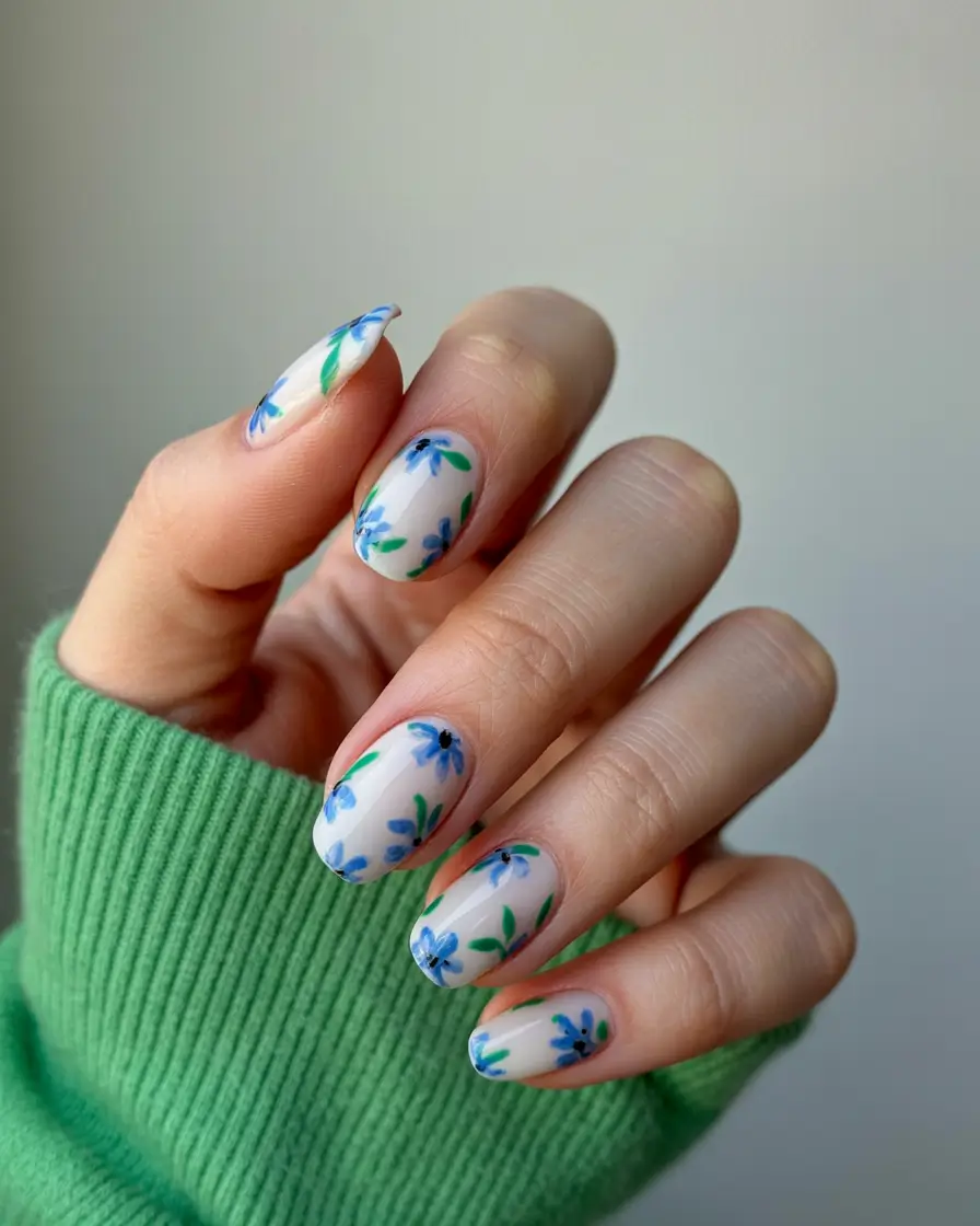 minimalist spring nails 2026 Sheer Nude with Blue Floral Print