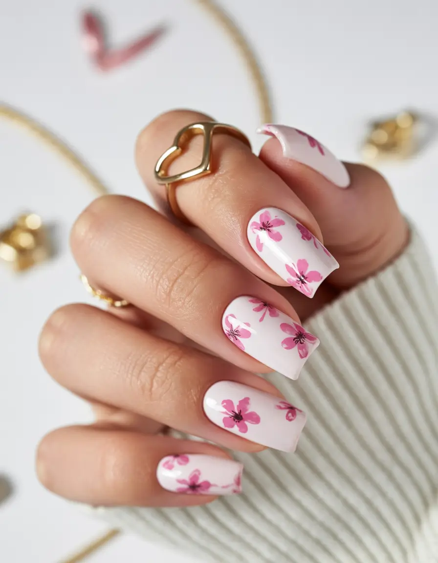 minimalist spring nails 2026 White Square with Pink Flowers