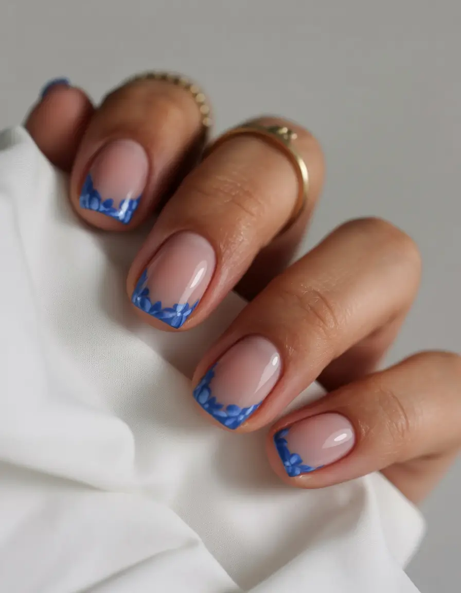 minimalist spring nails 2026 Blue Floral French on Short Natural Nails