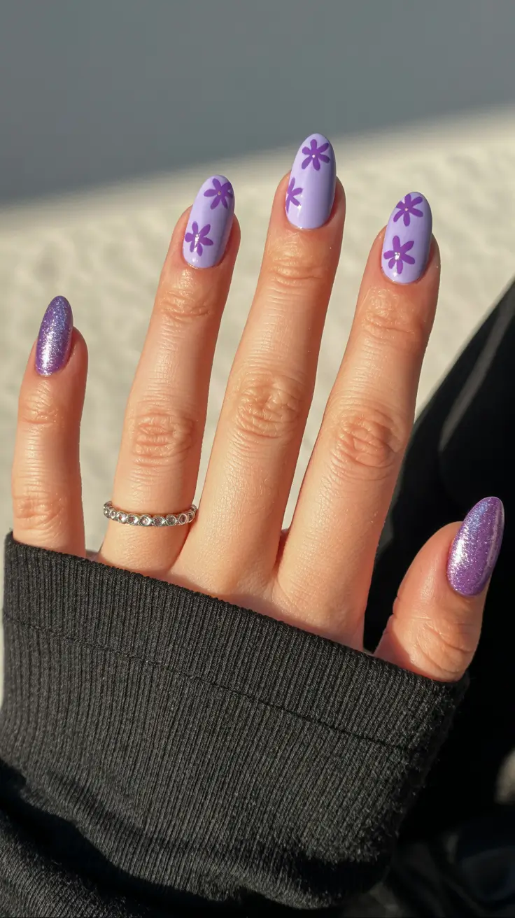 minimalist spring nails 2026 Lavender Almond with Graphic Purple Flowers